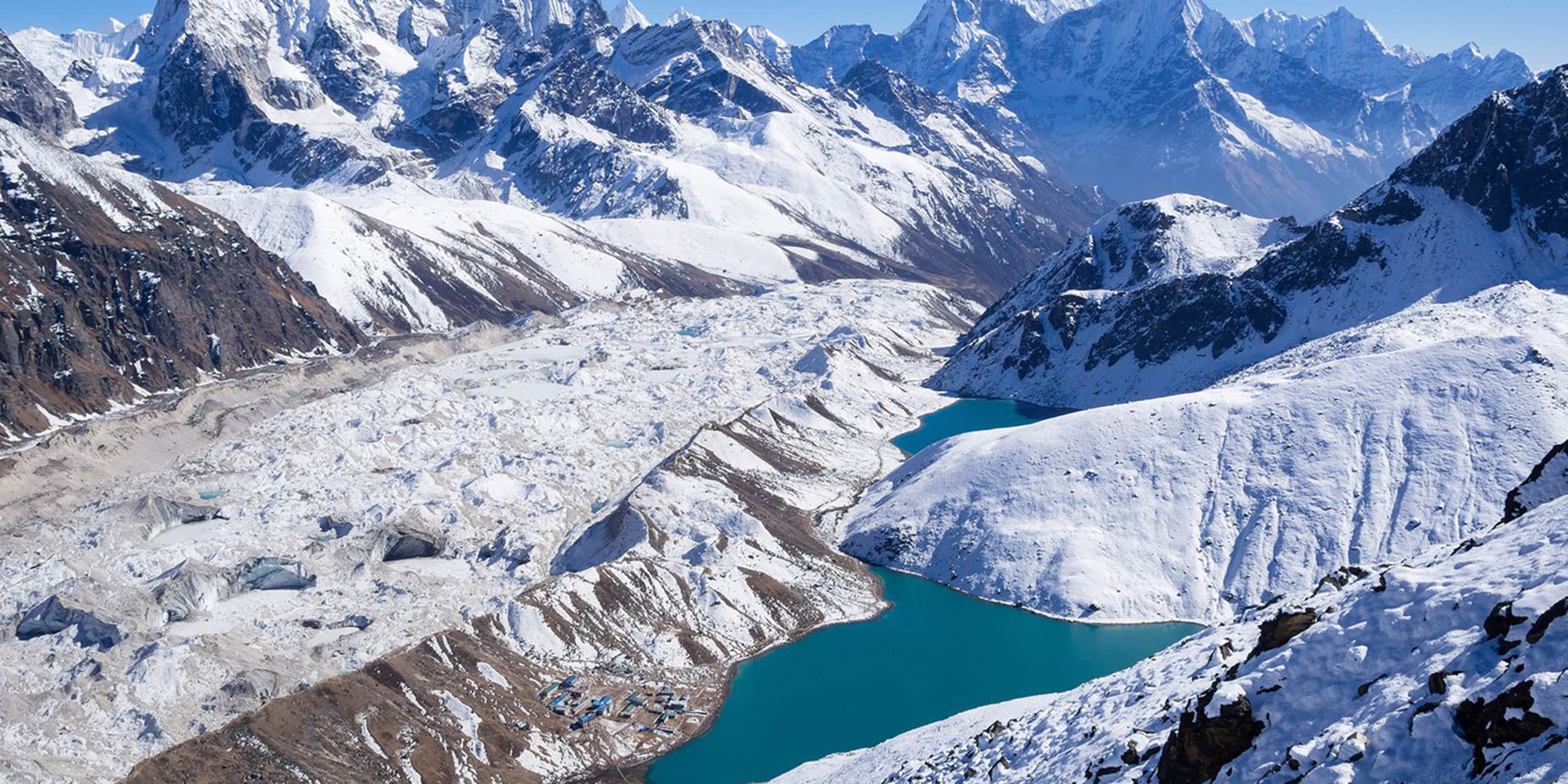 Aerial view of the turquoise Gokyo Lakes from a helicopter