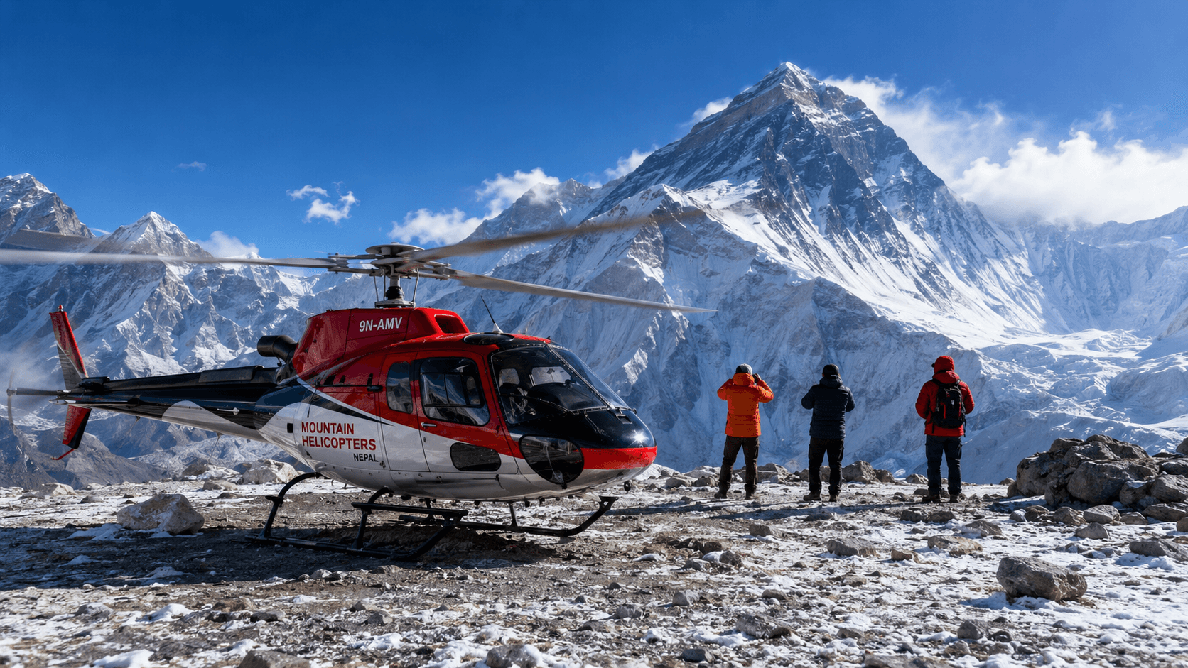Everest helicopter tour landing at Kala Patthar with Mount Everest behind