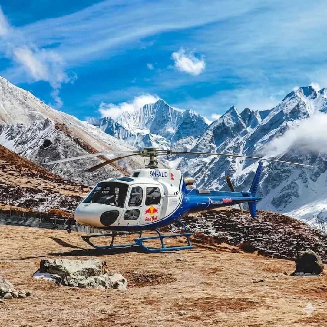 Mountain Helicopters aircraft making a high-altitude landing beside the Khumbu glacier